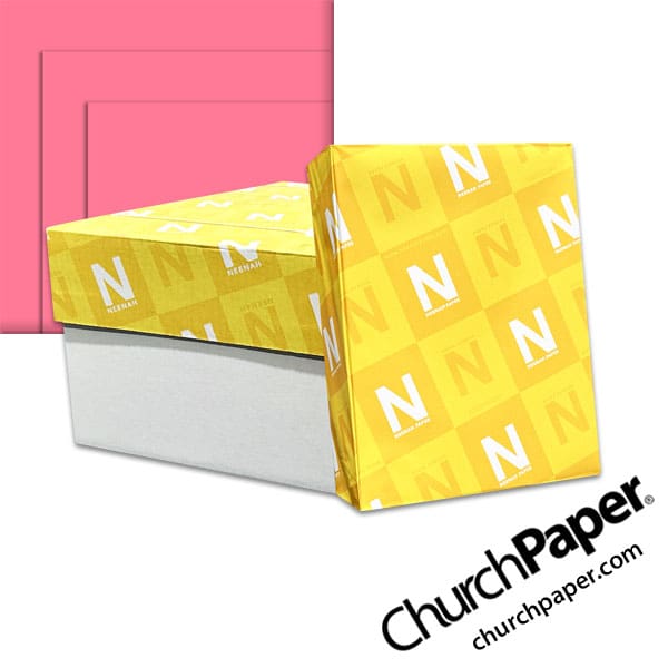 astrobrights-pulsar-pink-paper-churchpaper Neenah Astrobrights® Pulsar Pink Paper with paper carton, wrapped ream and vibrant pink paper swatch, available from Church Paper.