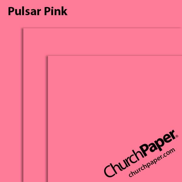 astrobrights-pulsar-pink-paper-swatch-churchpaper Neenah Astrobrights® Pulsar Pink paper swatch showing the bright pink color with layered sheet corners from Church Paper.