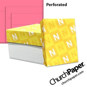 Neenah Astrobrights® Pulsar Pink perforated paper with carton, wrapped ream and pink paper showing horizontal perforation lines, available from Church Paper.