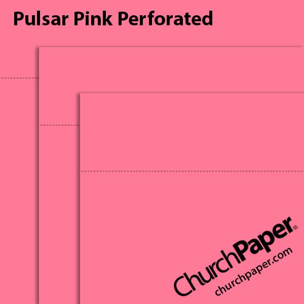 astrobrights-pulsar-pink-perforated-paper-swatch-churchpaper Neenah Astrobrights® Pulsar Pink perforated paper swatch showing vibrant pink sheets with horizontal perforation lines from Church Paper.