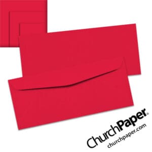 Neenah Astrobrights® Re-Entry Red #10 envelopes in a bold red color, shown from the front and back with matching paper swatches.