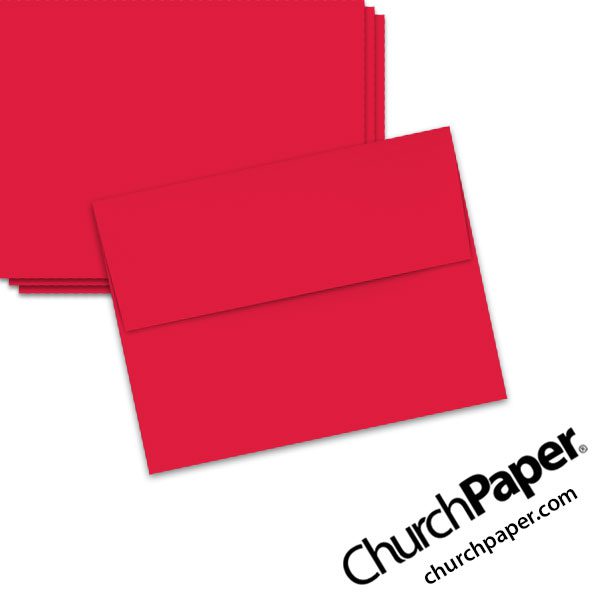 Neenah Astrobrights® Re-Entry Red A2 envelopes in a bold red color, shown from the front and back.