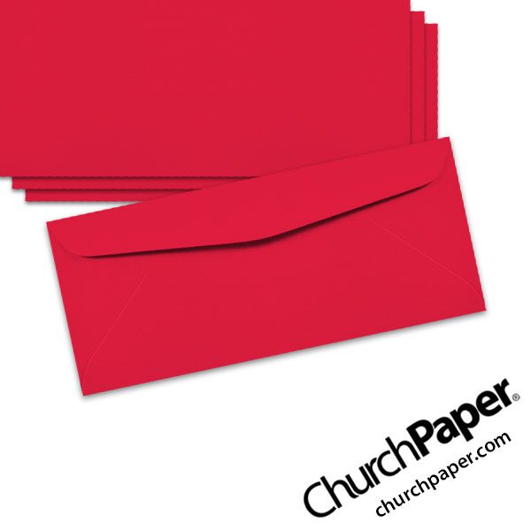 Neenah Astrobrights® Re-Entry Red #10 envelopes in a bold red color, shown from the front and back.
