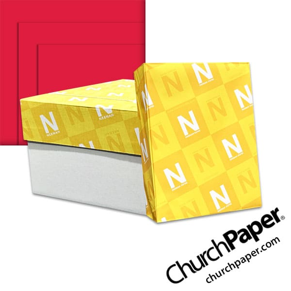 astrobrights-re-entry-red-paper-churchpaper Neenah Astrobrights® Re-Entry Red Paper with paper carton, wrapped ream and vibrant red paper swatch, available from Church Paper.