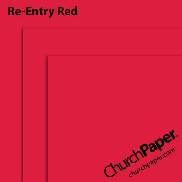 astrobrights-re-entry-red-paper-swatch-churchpaper Neenah Astrobrights® Re-Entry Red paper swatch showing the bold red color with layered sheet corners from Church Paper.