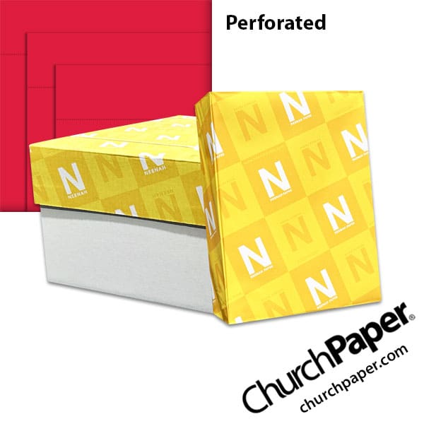 astrobrights-re-entry-red-perforated-paper-churchpaper Neenah Astrobrights® Re-Entry Red perforated paper with carton, wrapped ream and red paper showing horizontal perforation lines, available from Church Paper.