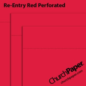 Neenah Astrobrights® Re-Entry Red perforated paper swatch showing vibrant red sheets with horizontal perforation lines from Church Paper.