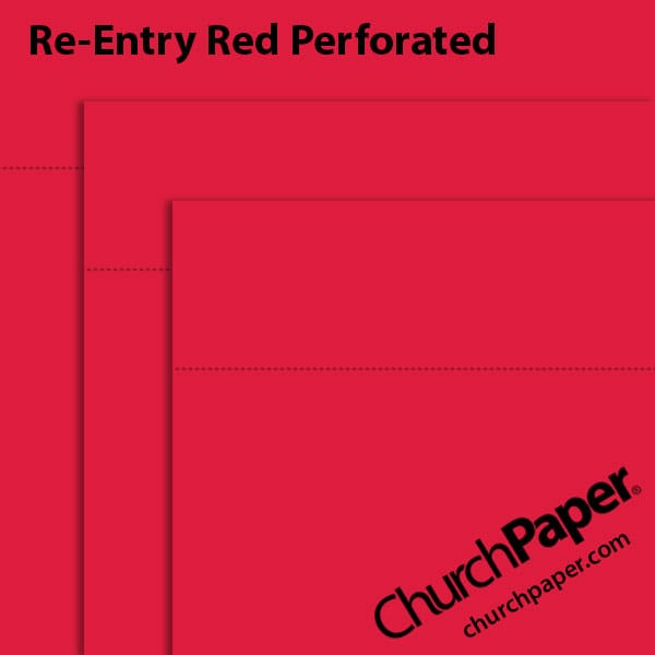 astrobrights-re-entry-red-perforated-paper-swatch-churchpaper Neenah Astrobrights® Re-Entry Red perforated paper swatch showing vibrant red sheets with horizontal perforation lines from Church Paper.