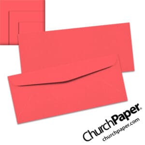 Neenah Astrobrights® Rocket Red #10 envelopes in a vivid red-orange color, shown from the front and back with matching paper swatches.
