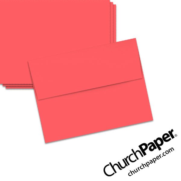 Neenah Astrobrights® Rocket Red A2 envelopes in a vivid red-orange color, shown from the front and back.
