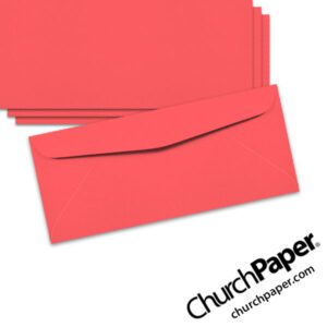 Neenah Astrobrights® Rocket Red #10 envelopes in a vivid red-orange color, shown from the front and back.