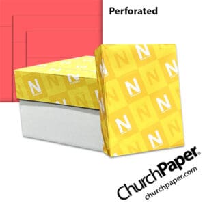 Neenah Astrobrights® Rocket Red perforated paper with carton, wrapped ream and bright red paper showing horizontal perforation lines, available from Church Paper.