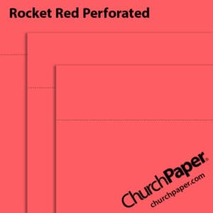 Neenah Astrobrights® Rocket Red perforated paper swatch showing bright red sheets with horizontal perforation lines from Church Paper.