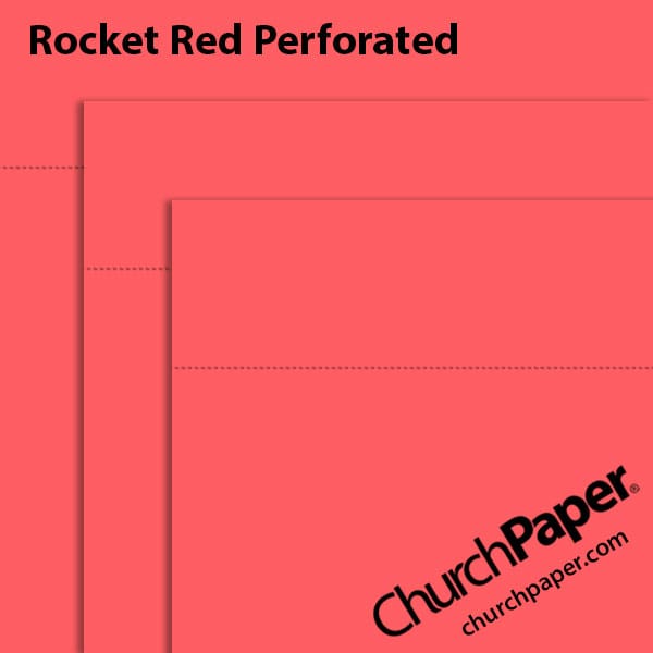 astrobrights-rocket-red-perforated-paper-swatch-churchpaper Neenah Astrobrights® Rocket Red perforated paper swatch showing bright red sheets with horizontal perforation lines from Church Paper.