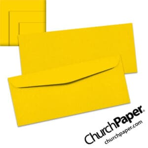 Neenah Astrobrights® Solar Yellow #10 envelopes in a bright yellow color, shown from the front and back with matching paper swatches.