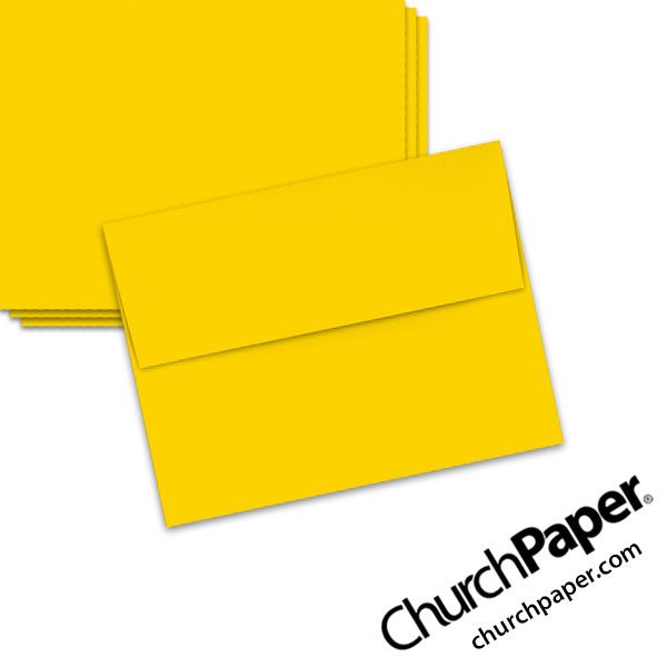 Neenah Astrobrights® Solar Yellow A2 envelopes in a bright yellow color, shown from the front and back.