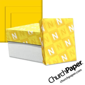 Neenah Astrobrights® Solar Yellow Paper with paper carton, wrapped ream and vibrant yellow paper swatch, available from Church Paper.