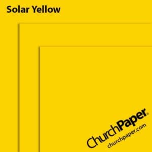 Neenah Astrobrights® Solar Yellow paper swatch showing the bold yellow color with layered sheet corners from Church Paper.