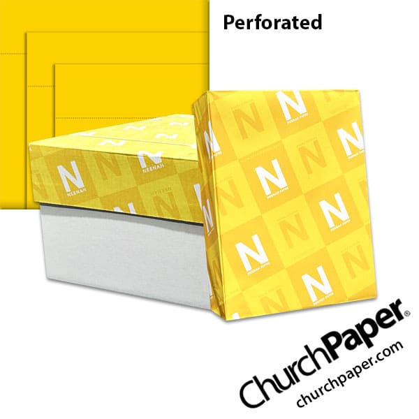 astrobrights-solar-yellow-perforated-paper-churchpaper Neenah Astrobrights® Solar Yellow perforated paper with carton, wrapped ream and bright yellow paper showing horizontal perforation lines, available from Church Paper.