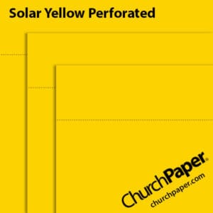 Neenah Astrobrights® Solar Yellow perforated paper swatch showing vibrant yellow sheets with horizontal perforation lines from Church Paper.