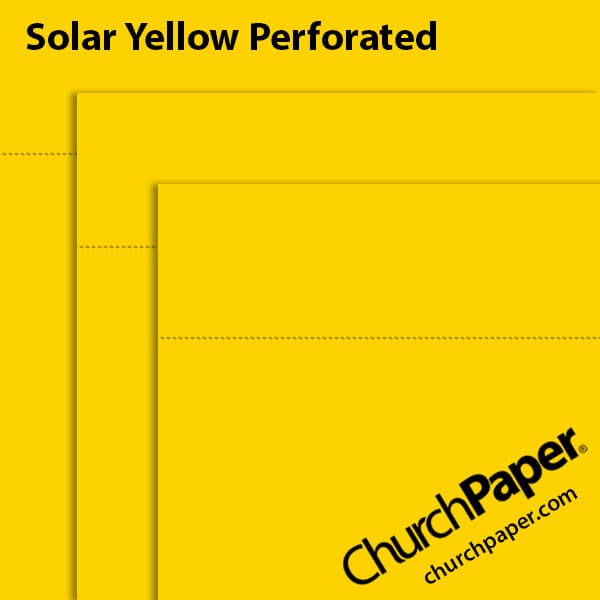 astrobrights-solar-yellow-perforated-paper-swatch-churchpaper Neenah Astrobrights® Solar Yellow perforated paper swatch showing vibrant yellow sheets with horizontal perforation lines from Church Paper.