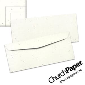 Neenah Astrobrights® Stardust White #10 envelopes with subtle multicolored flecks, shown from the front and back with matching paper swatches.