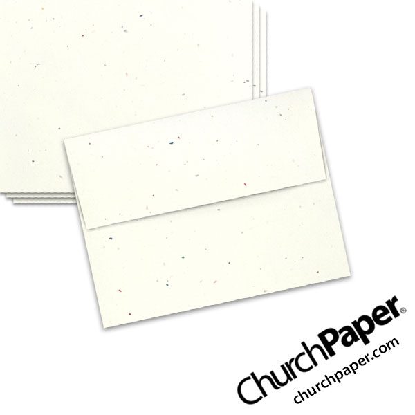 Neenah Astrobrights® Stardust White A2 envelopes with subtle multicolored flecks, shown from the front and back.