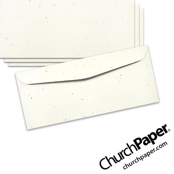 Neenah Astrobrights® Stardust White #10 envelopes with subtle multicolored flecks, shown from the front and back.
