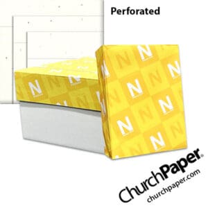 Neenah Astrobrights® Stardust White perforated paper with carton, wrapped ream and white flecked paper showing horizontal perforation lines, available from Church Paper.