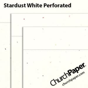 Neenah Astrobrights® Stardust White perforated paper swatch showing warm white sheets with subtle multicolored flecks and horizontal perforation lines from Church Paper.