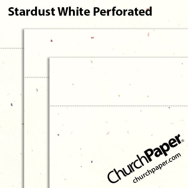 astrobrights-stardust-white-perforated-paper-swatch-churchpaper Neenah Astrobrights® Stardust White perforated paper swatch showing warm white sheets with subtle multicolored flecks and horizontal perforation lines from Church Paper.