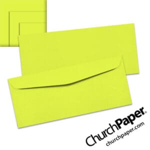 Neenah Astrobrights® Terra Green #10 envelopes in a vivid lime green color, shown from the front and back with matching paper swatches.