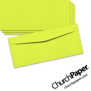 Neenah Astrobrights® Terra Green #10 envelopes in a vivid lime green color, shown from the front and back.