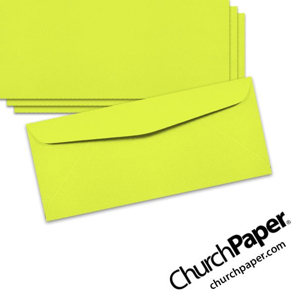 Neenah Astrobrights® Terra Green #10 envelopes in a vivid lime green color, shown from the front and back.