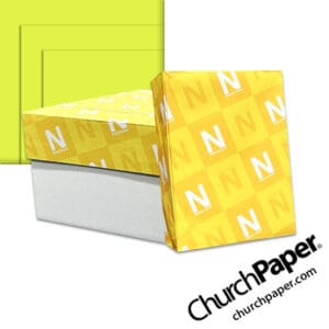 Neenah Astrobrights® Terra Green Paper with paper carton, wrapped ream and vibrant yellow-green paper swatch, available from Church Paper.
