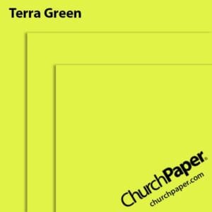 Neenah Astrobrights® Terra Green paper swatch showing the vibrant yellow-green color with layered sheet corners from Church Paper.