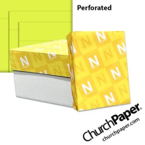 Neenah Astrobrights® Terra Green perforated paper with carton, wrapped ream and bright green paper showing horizontal perforation lines, available from Church Paper.