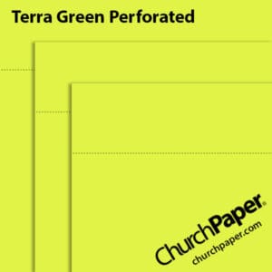 Neenah Astrobrights® Terra Green perforated paper swatch showing vivid yellow-green sheets with horizontal perforation lines from Church Paper.