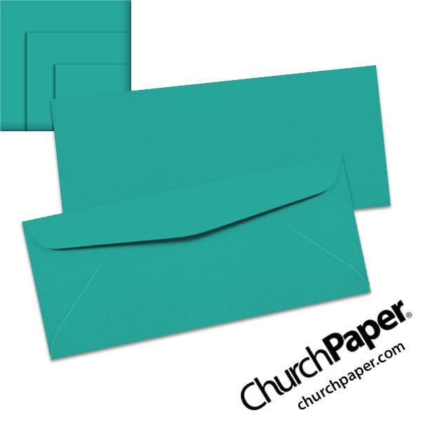 astrobrights-terrestrial-teal-envelopes-no10-churchpaper Neenah Astrobrights® Terrestrial Teal #10 envelopes in a vibrant teal color, shown from the front and back with matching paper swatches.