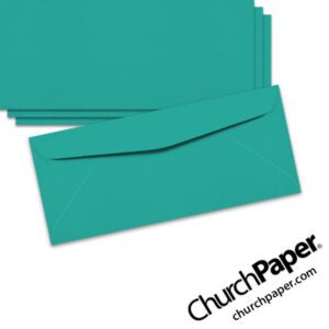 Neenah Astrobrights® Terrestrial Teal #10 envelopes in a vibrant teal color, shown from the front and back.