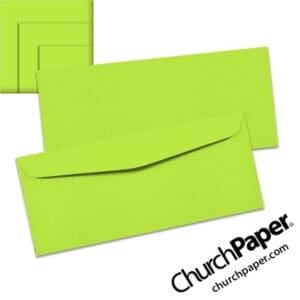 Neenah Astrobrights® Vulcan Green #10 envelopes in a vivid bright green color, shown from the front and back with matching paper swatches.