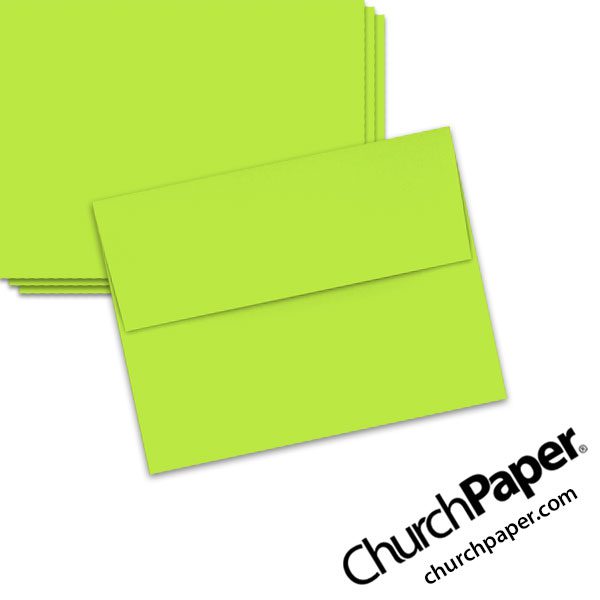 Neenah Astrobrights® Vulcan Green A2 envelopes in a vivid bright green color, shown from the front and back.