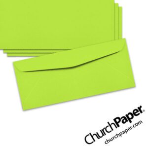 Neenah Astrobrights® Vulcan Green #10 envelopes in a vivid bright green color, shown from the front and back.
