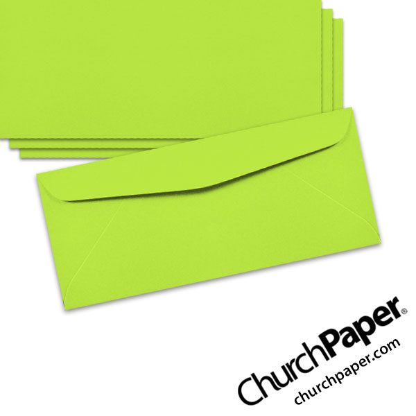 Neenah Astrobrights® Vulcan Green #10 envelopes in a vivid bright green color, shown from the front and back.