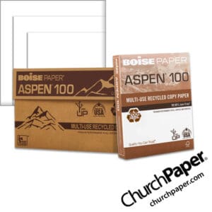 Boise ASPEN® 100 Multi-Use Recycled White Copy Paper with case, ream and white paper swatch, made with 100% recycled content and available from Church Paper.
