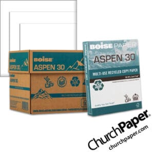 Boise ASPEN® 30 Multi-Use Recycled White Copy Paper with case, ream and white paper swatch, made with 30% recycled content and available from Church Paper.