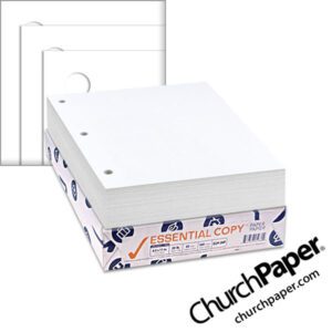 Boise Essential 8.5 x 11 20 lb. white copy paper with three-hole punched sheets, shown with a ream of paper.