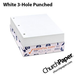 Boise Essential 8.5 x 11 20 lb. white copy paper with three-hole punched sheets, shown with a ream of paper.