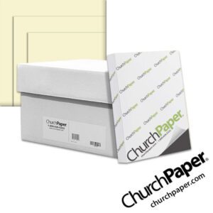 Church Paper Opaque Cream paper shown with cream paper sheets, ream packaging and Church Paper shipping box.