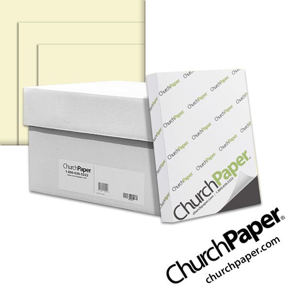 Church Paper Opaque Cream paper shown with cream paper sheets, ream packaging and Church Paper shipping box.